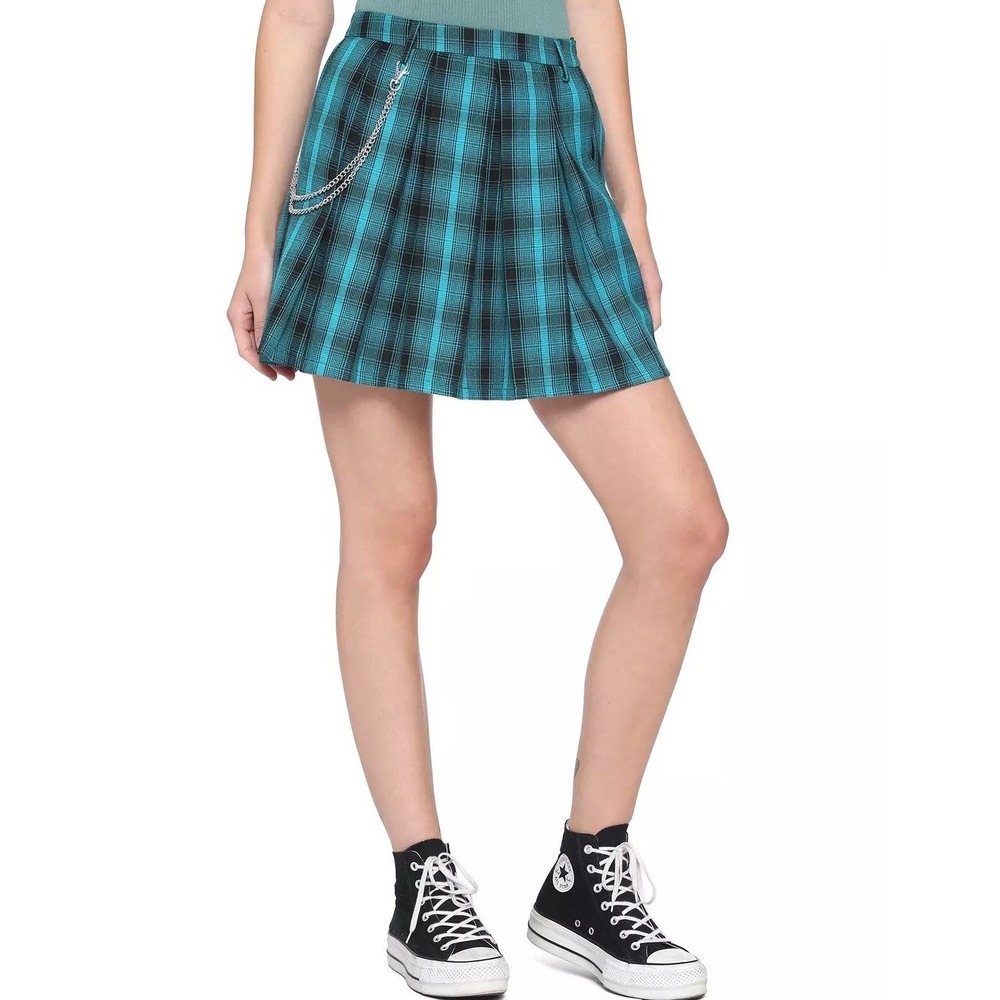 Hot Topic S Teal Black Plaid Pleated Mini Skirt Alt Grunge Goth Academia Punk